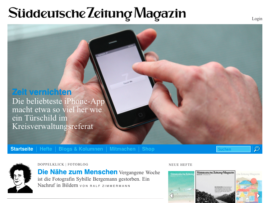 Startseite des Süddeutsche Zeitung Magazins mit Touch Me